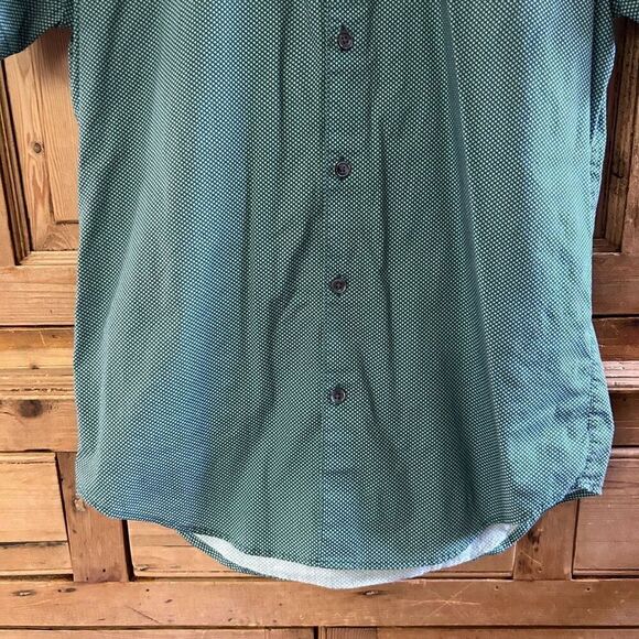 Men's Theory Small Zack Button Up Green White Dots Button Collar Short Sleeve - Picture 5 of 11